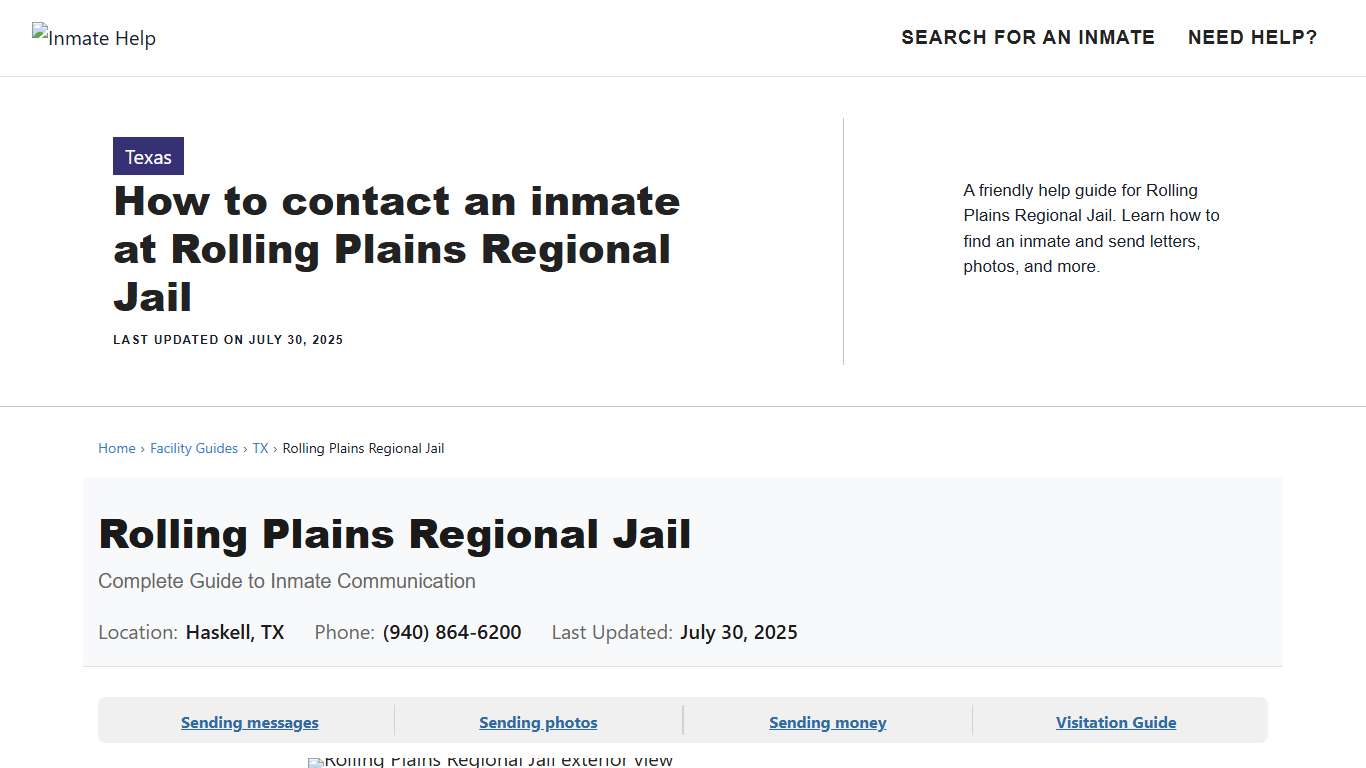How to contact an inmate at Rolling Plains Regional Jail - Inmate Help
